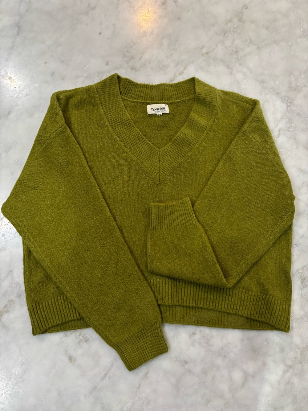 Open Edit Olive Cotton X-Large Cropped V-Neck Women's Sweater